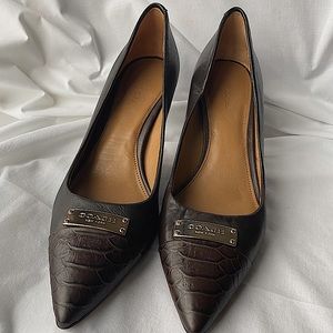 Brown Pointed Toe Coach Heels